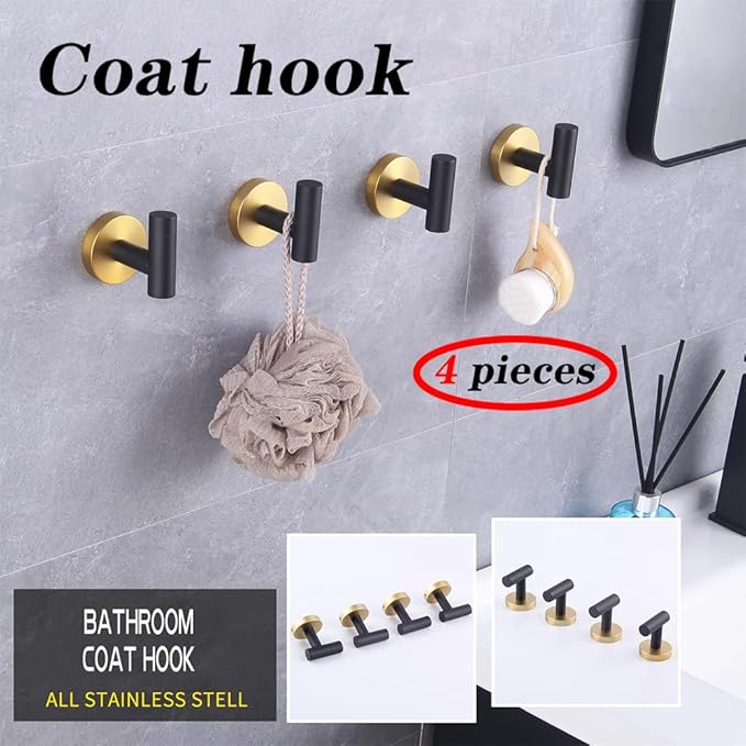 GERZWY Stainless Steel Towel Hook Robe Hook Coat Hook Heavy Duty Wall Mounted Luxury Hooks for Bathroom Hotel 4 Pack (Black & Gold) AG1307B-BD