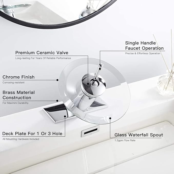 Bathroom Faucet Chrome Waterfall Glass Spout Single Handle One Hole Bath Sink Faucet Vanity Lavatory Basin Mixer Tap with Cover Plate Deck Mount Commercial