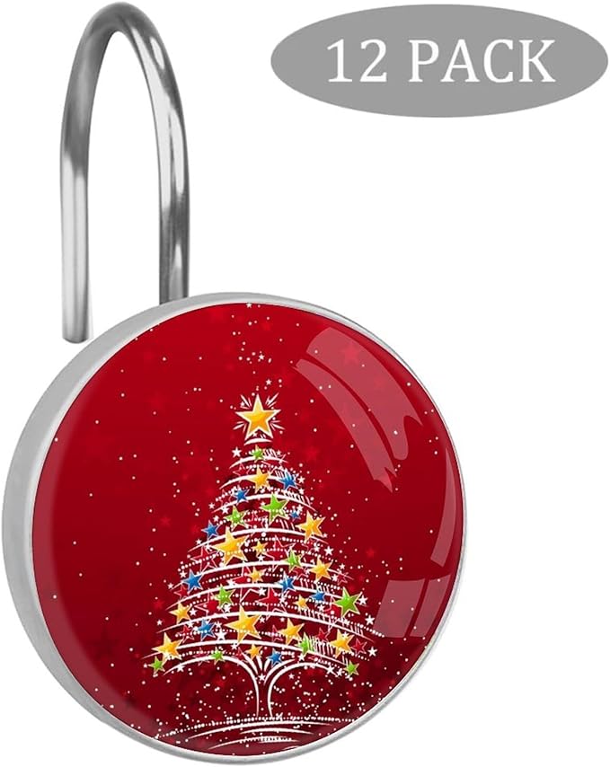Christmas Tree Shower Curtain Hooks 12 Pcs, Rust Proof Glass Surface Stainless Steel Curtain Rings for Bathroom Bedroom Living Room Kitchen Home Shower Rods Decor