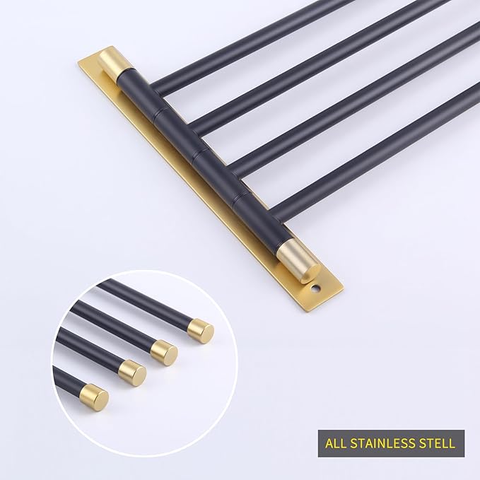 GERZWY Wall Mount Bath Towel Rack with 4 Arms Hanger Towel Holder Bathroom Swing Arm Towel Bars Organizer Stainless Steel (Black & Gold) HYG04-BD