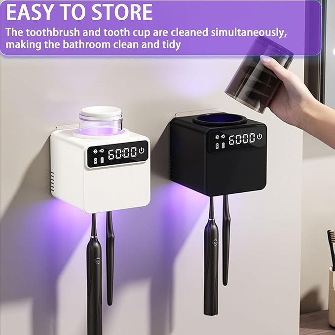 Smart Electric Toothbrush Holder with Cleaning and Hot Air Drying,LED Screen,Toothbrush Holders for Bathrooms,Wall Mounted Toothbrush Holder with 2 Toothbrush Slots for Home, Travel (White)