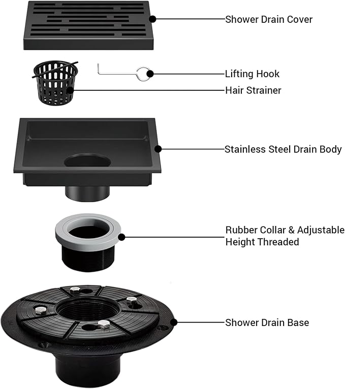 4 Inch Square Shower Floor Drain, Shower Drain Kit with Flange, Square Shower Drain, SUS 304 Stainless Steel Floor Drain,Matte Black