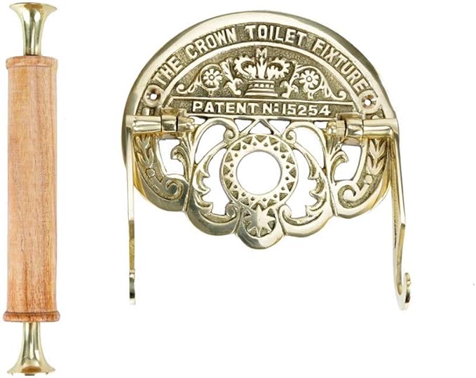 Bright Brass Wall Mount Toilet Paper Holder 7.25" Wide Vintage Crown Style Solid Brass Easy Install Toilet Tissue Paper Holders with Wooden Roll for Bathroom | Renovators Supply Manufacturing