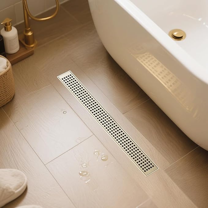 Linear Shower Drain 60 Inch Gold, Brushed AISI 304 Stainless Steel Shower Drain with Square Hole Panel, for Bathroom, Kitchen, Garage & More