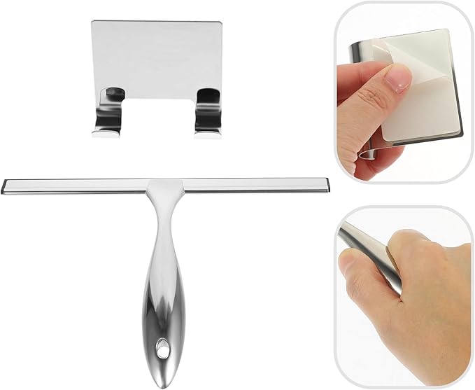 Stainless Steel Shower and Car Window Squeegee 10-inch Blade with Adhesive Hook Glass Cleaner for Bathroom and Vehicle Use