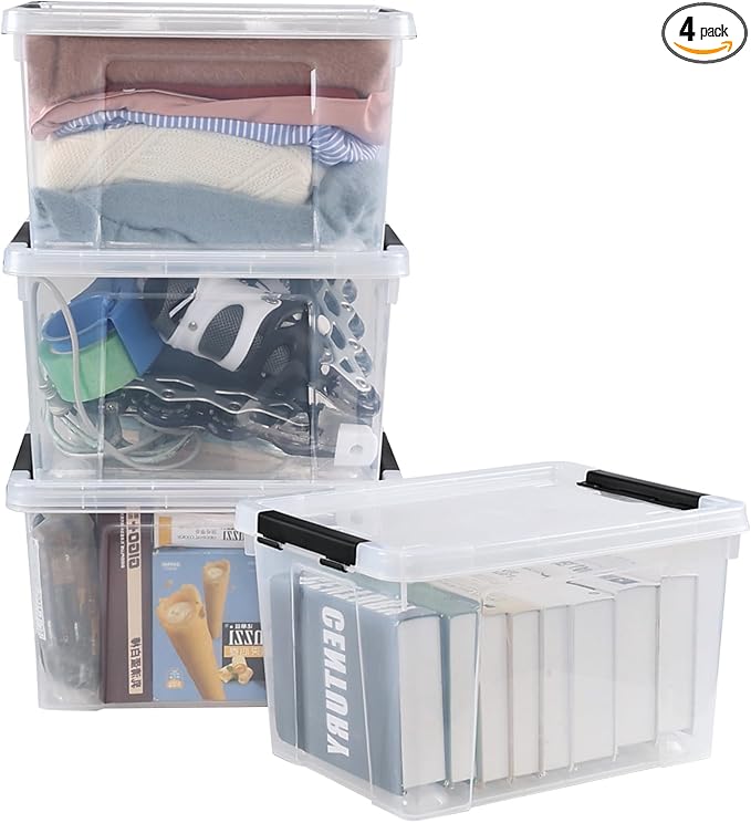 Hespama 4-Pack 22 Quart Clear Latching Storage Bin, Plastic Lidded Storage Box with Wheels