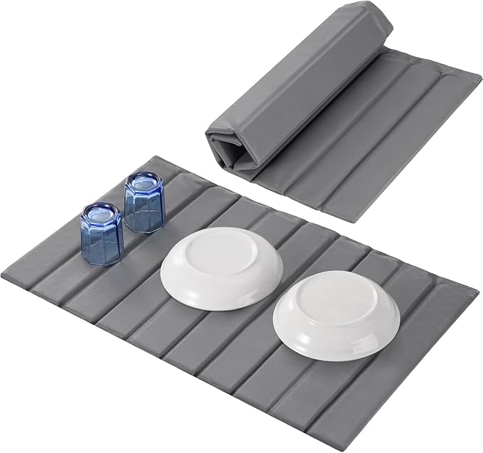 Large Stone Drying Mat for Kitchen Counter, Ultra Absorbent Diatomaceous Earth Mat with PU Leather Cover Fast Drying Collapsible, Dish Mats for Dishes Buttles Cups Countertop Gray 23.6"x15.3"