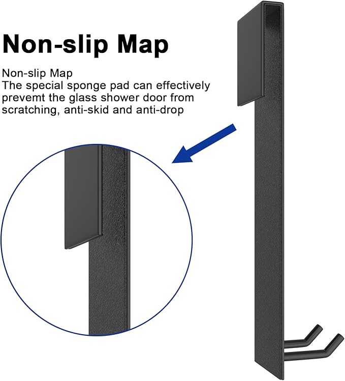 Shower Door Hook, Extended Length Frameless Shower Door Hook (7 Inches), Heavy-Duty Bathrobe Towel Stainless Steel Hook, No Drilling or Adhesive Required, 2-Pack, Black