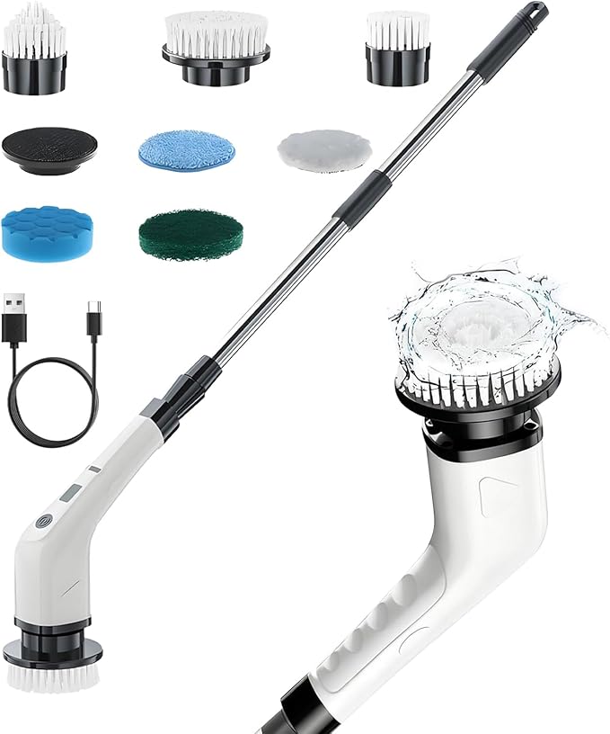 Long Electric Cleaning Brush, with Adjustable Cleaning Height, Abs Material, Cordless Electric Scrubber, Rechargeable Shower Scrubber, Multiple Brush Heads, for Shower, Doors, Kitchen, Sinks,