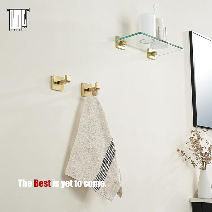 JQK Bathroom Towel Hook Gold, Coat Robe Clothes Bath Wall Hooks for Kitchen Garage SUS 304 Stainless Steel Thick 0.8mm, 2 Pack Brushed Gold, TH250-BG-P2