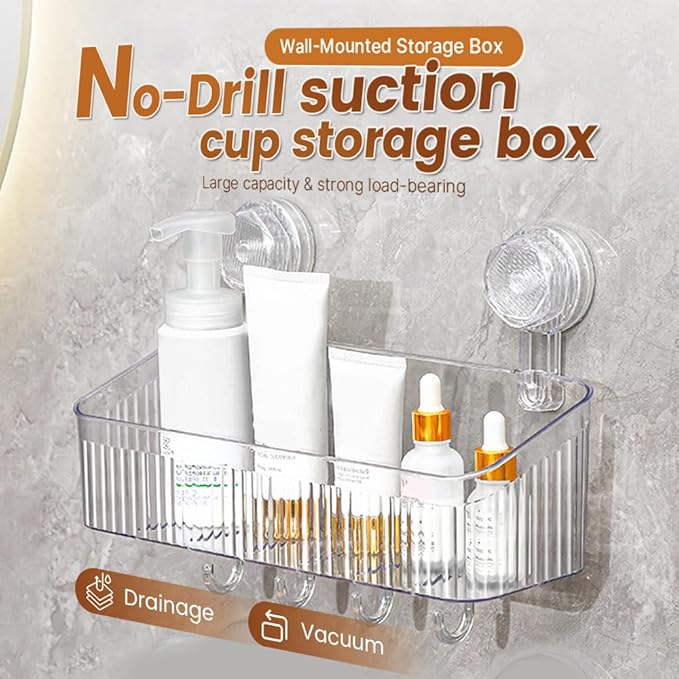 Fliwos No-Drill Bathroom Suction Storage Box, No-Drill Bathroom Shelf, Shower Caddy with Suction Cups, Wall Mount Organizer, Removable Hanging Storage Basket for Home (Grey, Small)
