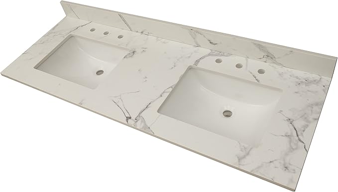 MSI Calacatta Nowy Vanity Top with Under Mount Rectangle Double Bowl Ceramic Sinks, Engineered Marble Stone, 4" CC Faucet Holes, 61"X22"