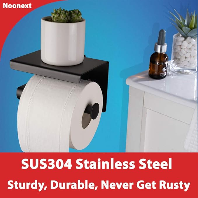 Matte Black Toilet Paper Holder Adhesive, Toilet Paper Roll Holder with Shelf, 3M Adhesive No Drill or Wall-Mounted with Screws for Bathroom & Kitchen
