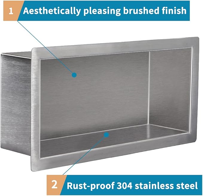 12"×6" Shower Niche Brushed Stainless Steel, Recessed Shower Caddy, Bathroom Shelf Insert Fits for 11"x5.1" Wall Hole Installation (Nickel)