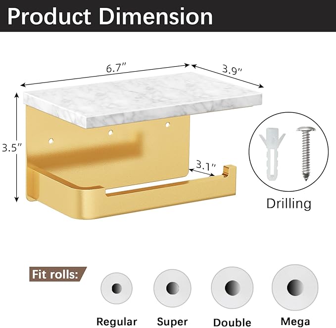 Toilet Paper Holder with Shelf, Extended Base Wall Mounted, Marble Toilet Roll Holder Black for Bathroom Washroom Gold
