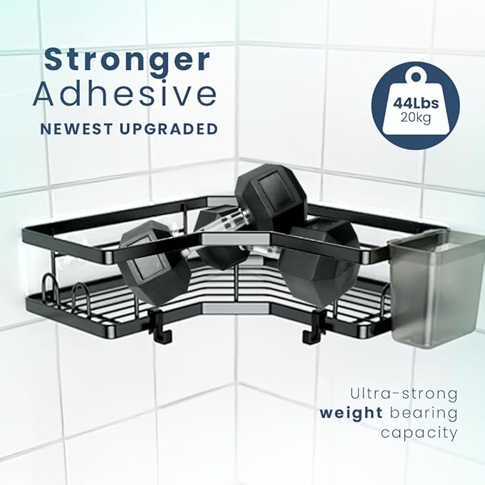 Sben Corner Adhesive Shower Caddy, 4 Pack, Organizer Shelves, No Drilling, Rustproof Material Storage Rack, 4 Extra Hooks, Toothpaste Holder and Soap Dish Holder for Bathroom (Black)