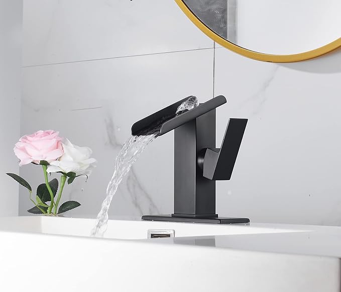 Black Bathroom Faucet Waterfall 1 Hole Bath Lavatory Vanity Sink Faucet Single Handle Modern Basin Tap Brass Deck Mount Commercial