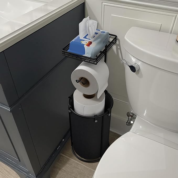 Free Standing Toilet Paper Holder with Storage - Bathroom Toilet Tissue Holder with Waterproof Organizer Bag, Rustproof Metal Toilet Paper Roll Holder with Shelf for Wipes & Phone, Black