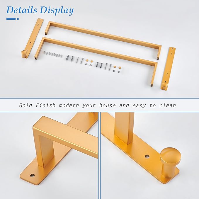 24 Inch Double Towel Bar for Bathroom with Hooks Stainless Steel Bath Towel Rack Wall Mounted Gold Finished