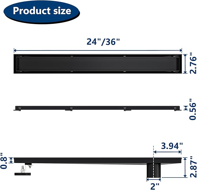 Neodrain 24-Inch Offset Linear Shower Drain with Tile Insert Grate Cover, 304 Stainless Steel Rectangle Side Outlet Shower Floor Drain, Adjustable Leveling Foot, Hair Strainer/Catcher, Matte Black