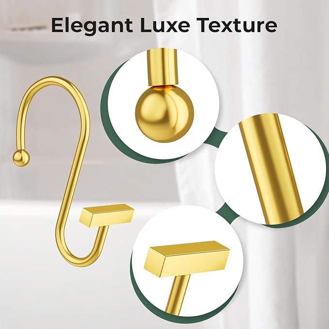 Muted Gold Shower Curtain Hooks, Bathway Shower Curtain Rings Rust Proof, 12PCS Shower Hooks for Shower Curtain, T-Bar Design Convenient Elegant Shower Curtain Hangers for Bathroom Kitchen Wardrobe
