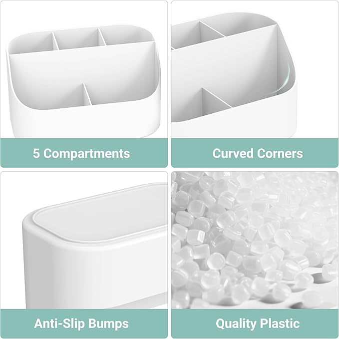 Countertop Toothbrush Holders for Bathrooms, Plastic Toothpaste and Electric Tooth Brush Holder Storage Caddy Stand for Shower, 5 Slots Cute Kids Bathroom Counter Organizer for Vanity, White