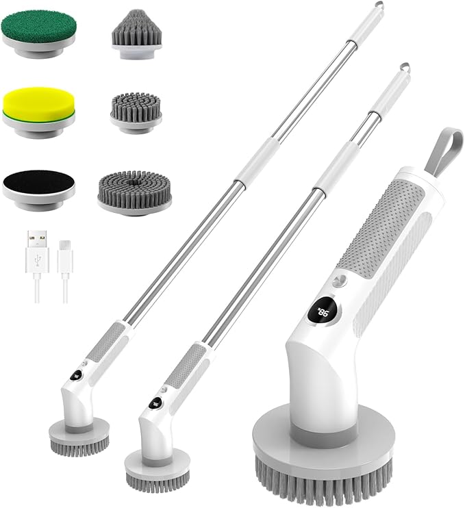 Electric Spin Scrubber, Cordless Cleaning Brush with 6 Replaceable Brush Heads, IPX7 Waterproof Bathroom Scrubber with Adjustable Extension Handle & Battery Level Display for Bathroom Kitchen Car