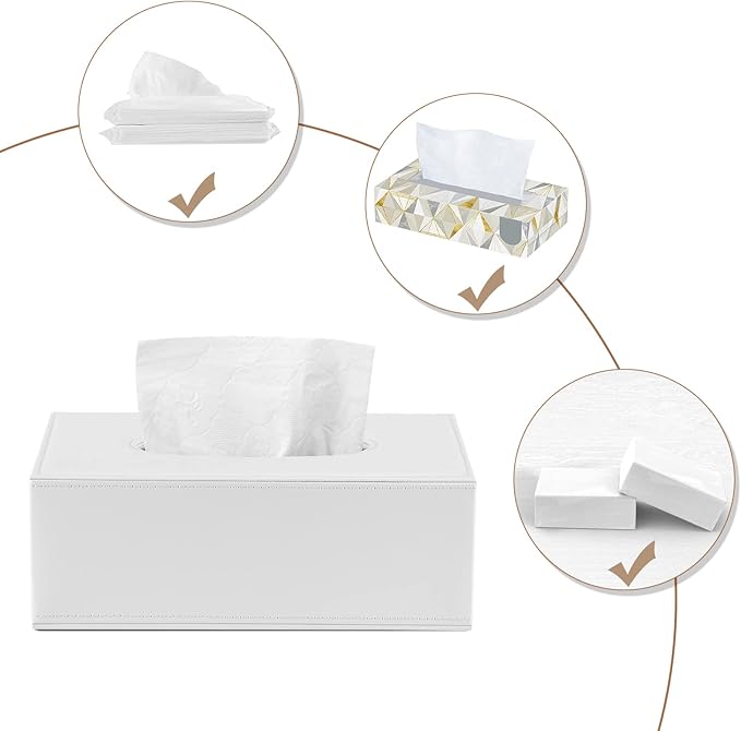 KINGFOM Rectangular PU Leather Tissue Box Cover - Facial Tissue Paper Napkin Holder for Bathroom, Home, Office, Car Automotive Decoration with Magnetic Bottom(White)