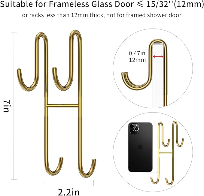 Over Shower Glass Door Hook, 2 Pack Gold Stainless Steel Extended Shower Door Hooks, Bathroom Frameless Drilling-Free Hanger, Double Side Towel Hooks