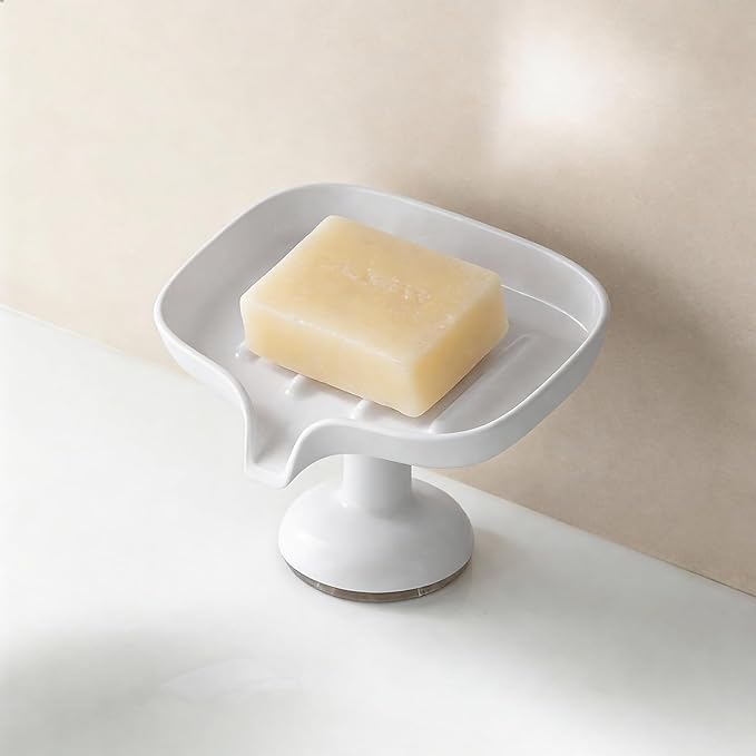 Self-Draining Soap Dish with Suction Cup, Stand Bar Soap Holder, No Drill Removable Sponge Tray for Shower, Bathroom, Kitchen Sink, Easy to Clean & Keeps Dry, White