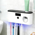 Toothbrush Sterilizer Holder Wall-Mounted | USB Rechargeable Automatic Toothpaste Dispenser, 5-Slot Bathroom Organizer with LED Display (Large)
