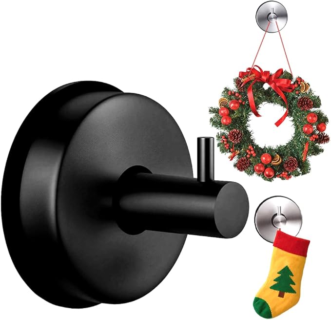 Suction Cup Hooks for Door Wreaths on Glass Suction Cup Hooks for Shower,2025 No Drill Hook Hanging Towels for Window Door Bathroom Mirrors Christmas,Wreath Hanger Holder for Daily Use (Black-1pc)