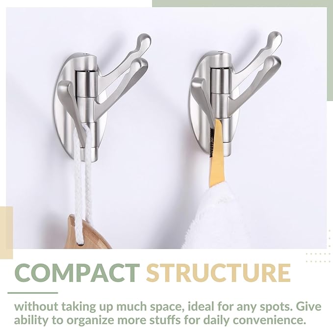 APLusee Swivel Brushed Nickel Robe Hook 2 PCS, Metal Foldable Towel Holder with Triple Rotating Arms, Heavy Duty Bathroom Kitchen Coat Hanger Wall Mounted