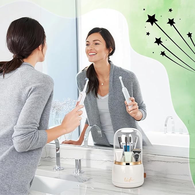 360 Rotating Toothbrush Holders for Bathrooms, 7-Slot Toothbrush Holder with Cover & Drainage, Bathroom Countertop Organizer for Electric Toothbrushes, Toothpaste & Makeup Brushes