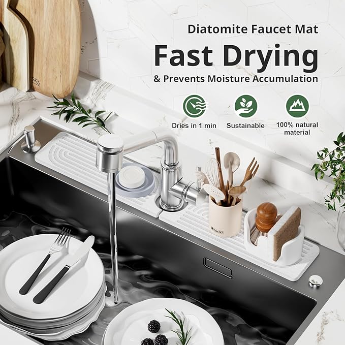 Faucet Mat for Kitchen Sink - 15.8" Super Absorbent Diatomite Stone Sink Tray - Quick Drying Stone Mat for Sink Area Splash Guard - White
