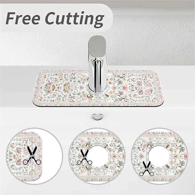 Kitchen Sink Splash Guard，White and pink flowers Faucet Mat Sink Gadgets-Super Absorbent Fast Drying Mat Drip Catcher for Kitchen, Bathroom,Sink Mat, Dish Drying Mat, Bathroom(15" X 5.5" )