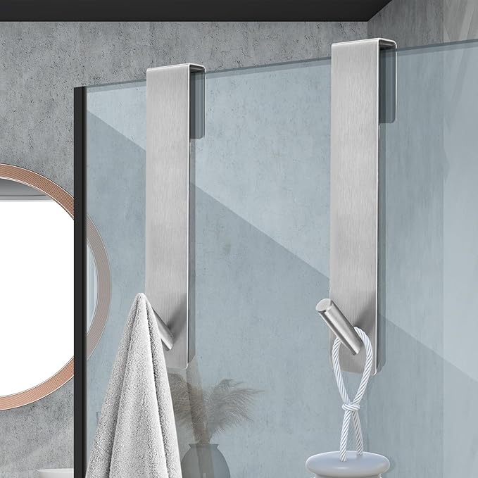 Shower Door Hooks(10 Inch),Extended Over Door Hooks for Bathroom Frameless Glass Shower Door,Stainless Steel Towel Hooks,Heavy Duty Rack Hooks for Robe,Towel-2 Pack-Silver