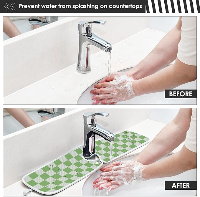 2 PCS Kitchen Sink Splash Guard 14.9 Inch Faucet Mat for Kitchen Sink Bathroom Sink Faucet Absorbing Drip Drain Mat Pad Microfiber Soft Washable Checkered Green and White