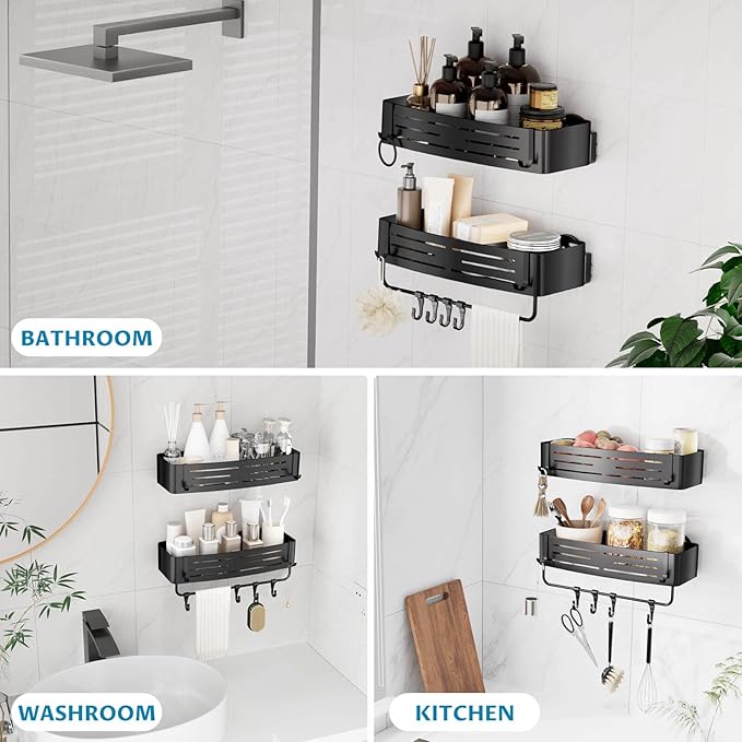 Onemake Shower Caddy Suction Cup,2-Pack Shower Shelf Organizer, Bathroom Suction Shelves with Portable Hooks, Shower Caddies Corner with Towel Bar,Matte Black