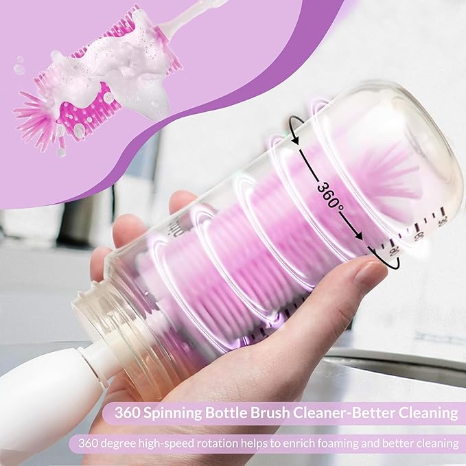 Electric Cleaning Brush with Bottle Brush & Milk Mixer, Rechargeable Electric Bottle Brush with 2 Speed Mode,Powerful Waterproof Bottle Cleaner Brush,A Must Have for Daily Life (Plum)