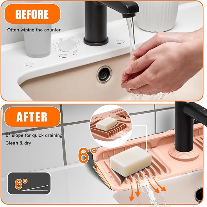 14.5" Pink Silicone Faucet Mat for Kitchen Sink – Button Style Faucet Drip Catcher, Sink Splash Guard with 6° Slope, Behind Faucet Draining Mat | Leak-Proof Countertop Protector for Kitchen Bathroom