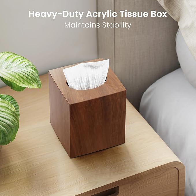 Tissue Box Cover, Square Facial Acrylic Tissue Holder with 2 Pack Clear Qtip Holder Dispenser for Cotton Swabs, Bathroom Essentials Accessories Decor, Vanity Makeup Countertops -Wood Grain