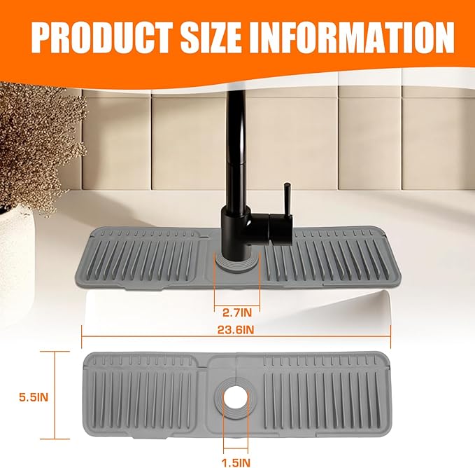 Dark-Gray 24" Longer Silicone Faucet Mat – Quick-Dry Button Style Drip Catcher 6° Slope Splash Guard | Easy-to-Use Behind Faucet Drain Mat for Kitchen Bathroom Countertops