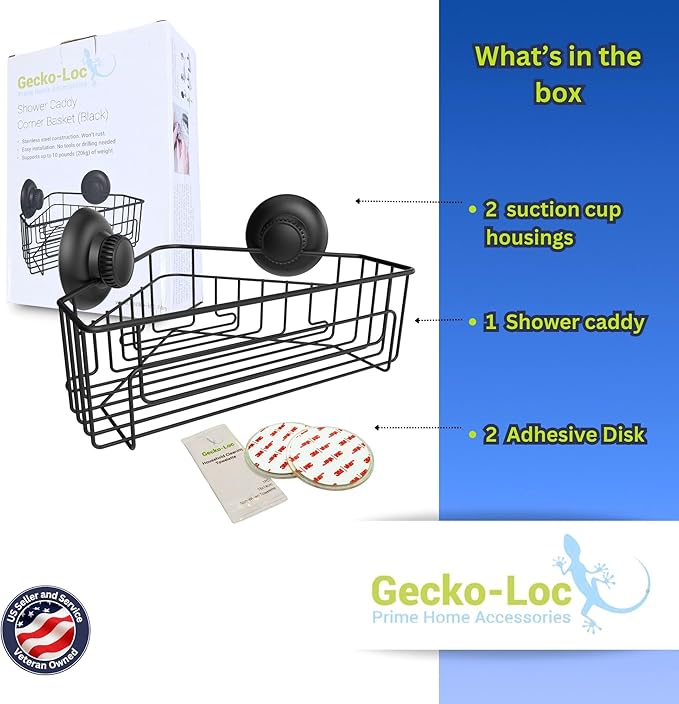 Gecko-Loc Corner Bathroom Shower Caddy shelf organizer suction cup wall storage basket - bath kitchen shampoo accessories shelves organizers caddies - Black