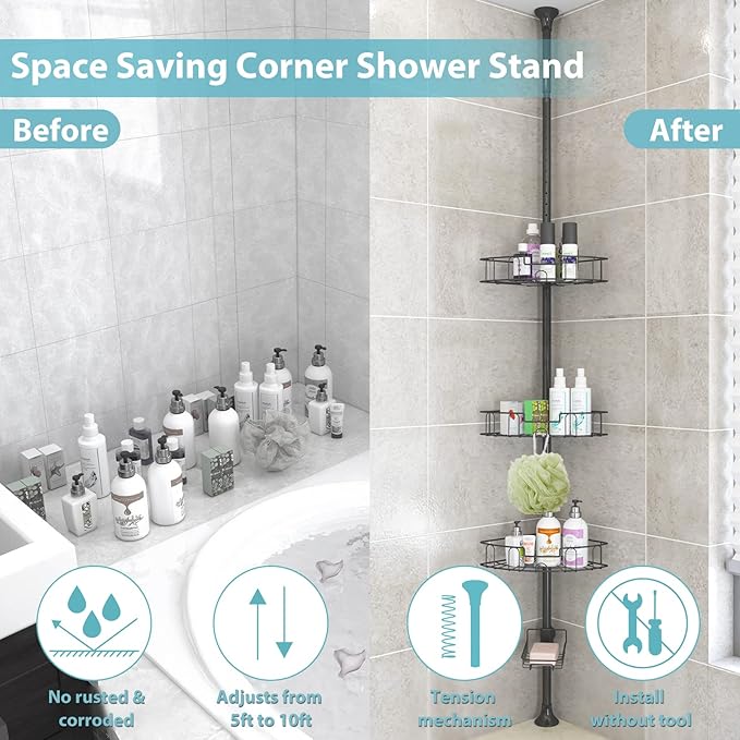 Corner Shower Caddy Tension Pole - Rustproof Stainless Steel Bathroom Shower Organizer, 4 - Tire Height Adjutable, Floor to Ceiling Stand, Fits 56 to 125” Corner Bathtub, Drill Free Quick Setup