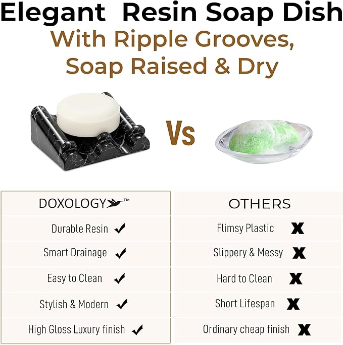 DOXOLOGY Black Marble Soap Dish Bathroom Organizer - Resin Soap Dish with Rectangular Design 3.7" L x 2.8" W - Self Draining Soap Dishes Keeps Countertop Neat - Marble Look Soap Tray for Sink
