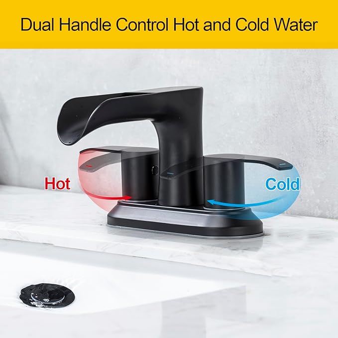 4 Inch Waterfall Bathroom Sink Faucet Centerest Bathroom Faucet Dual Handle Vanity Faucets 2 Hole or 3 Hole Waterfall Basin Mixer Tap with Pop Up Drain, Matte Black
