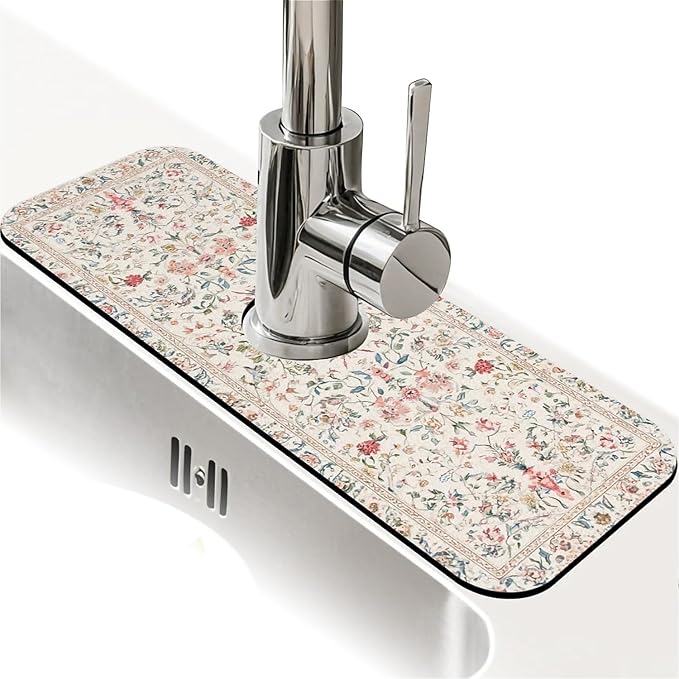 Kitchen Sink Splash Guard，Retro pastel floral Faucet Mat Sink Gadgets-Super Absorbent Fast Drying Mat Drip Catcher for Kitchen, Bathroom,Sink Mat, Dish Drying Mat, Bathroom(15" X 5.5" )