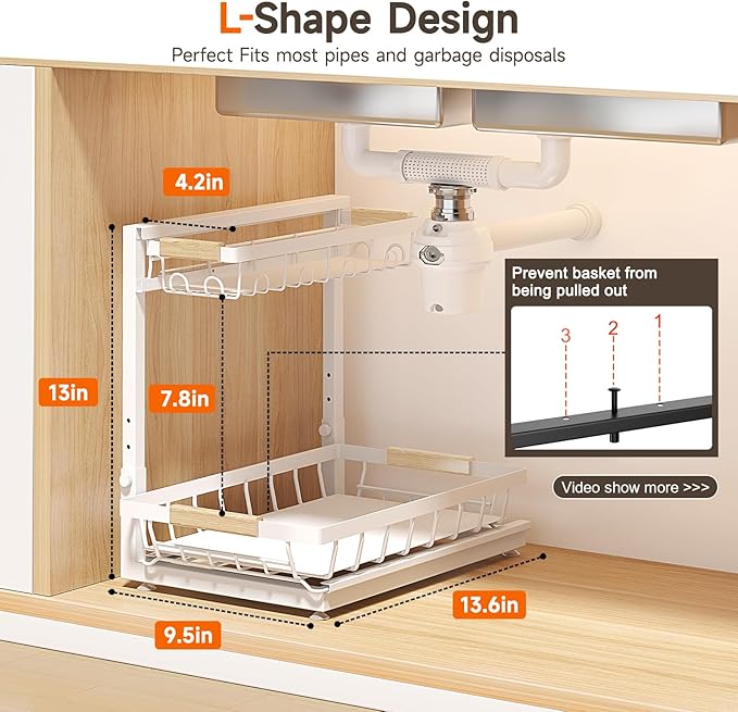 2 Packs Under Sink Organizer, Height Adjustable 2 Tier Under Kitchen sink organizer, Multi-Purpose Storage Shelf for Kitchen Bathroom Cabinet (White)