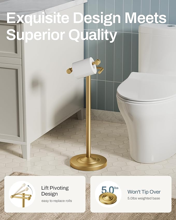 Freestanding Toilet Paper Holder, Double Post Pivoting 22" Height Toilet Roll Holder Floorstanding Base Weighted, Stainless Steel Toilet Paper Holder Stand (Gold)